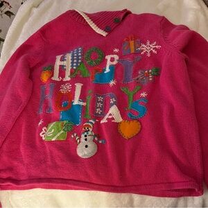 Festive Pink V-Neck Sweater with Holiday Embroidery
